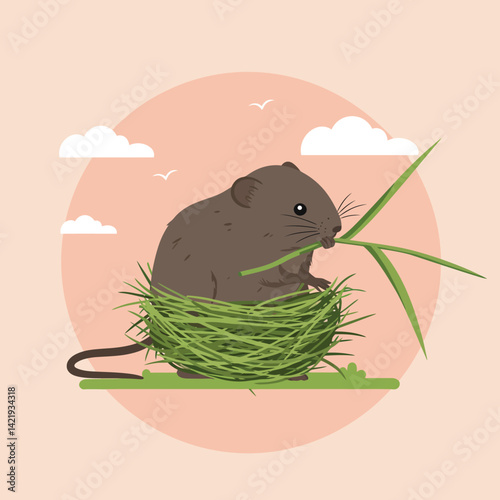 Brown mouse sitting in green grass nest eating a blade of grass with clouds and birds background square format 