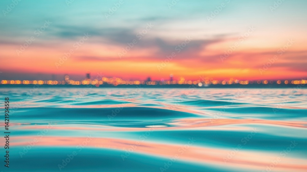 Fototapeta premium Sunset over the Ocean with a Cityscape Reflecting on the Water Surface