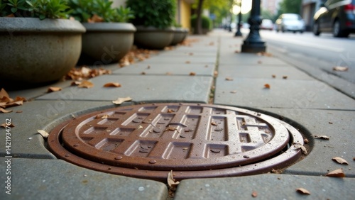 Wallpaper Mural Rusty manhole cover on a paved pedestrian walkway with fallen autumn leaves Torontodigital.ca
