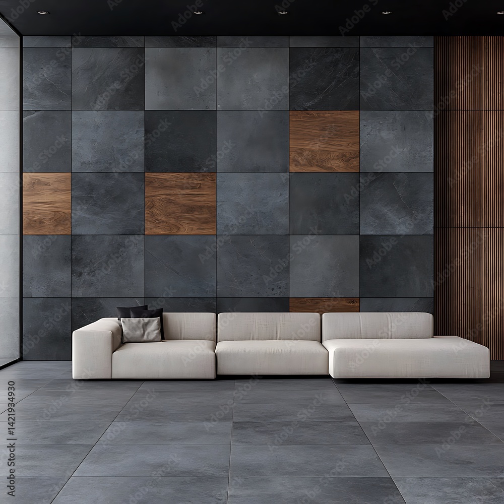Modern Living Room with Unique Textured Wall Panels and Comfortable Sofa Design Concept for Interior Spaces.