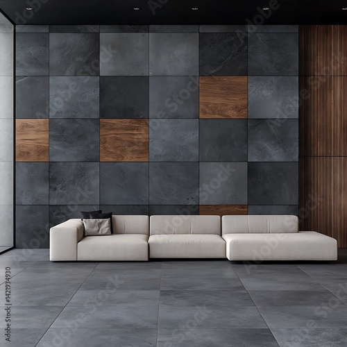 Obraz na płótnie Modern Living Room with Unique Textured Wall Panels and Comfortable Sofa Design Concept for Interior Spaces. w salonie