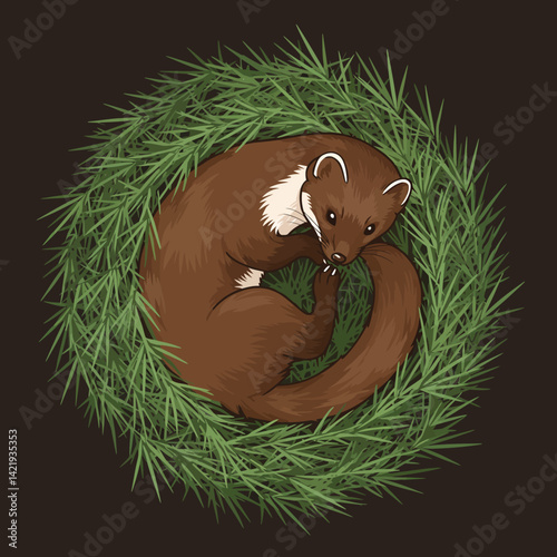 Brown ferret curled up inside green pine needle wreath on dark background natural wildlife illustration 