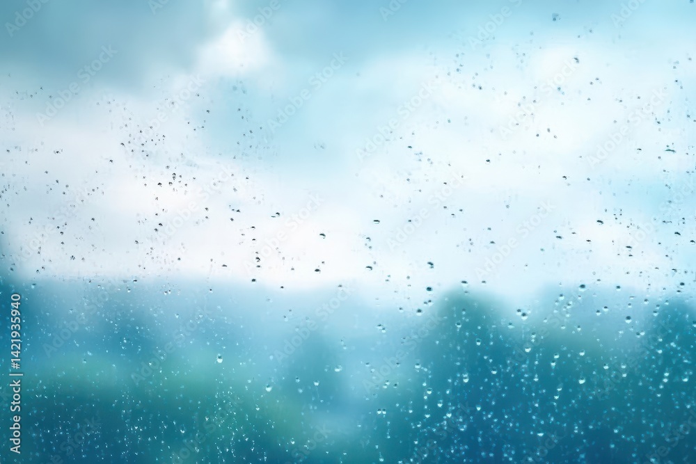 Raindrops on glass, blurred view of clouds and trees Raindrops on glass, blurred view of clouds and trees