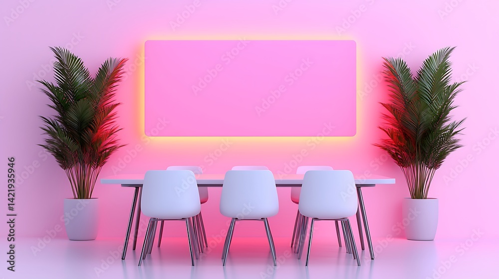 Modern meeting room with vibrant pink walls, stylish furnishings, and illuminating neon backdrop for a collaborative space.