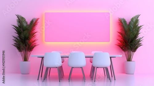 Obraz na płótnie Modern meeting room with vibrant pink walls, stylish furnishings, and illuminating neon backdrop for a collaborative space. w salonie