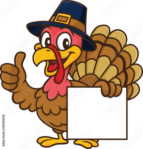 Funny Cartoon Thanksgiving Turkey Holding Blank Sign and Giving Thumbs Up