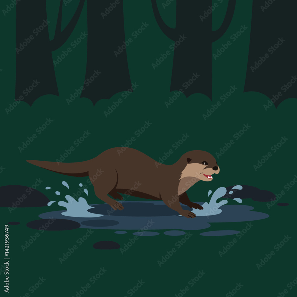 Obraz premium Otter playing in dark forest stream water splashing with trees in background natural wildlife scene 