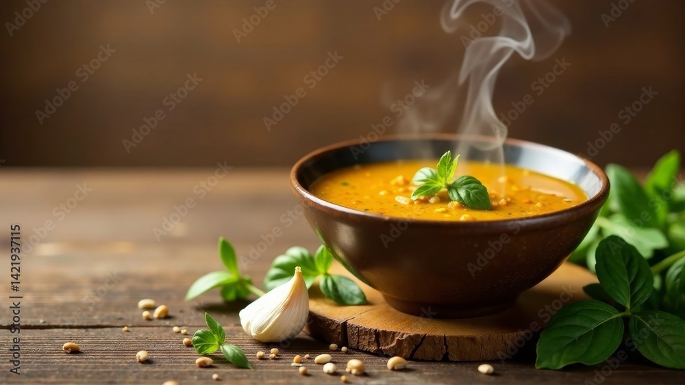 Aromatic Lentil Soup, Steaming Hot in a Rustic Bowl, Garnished with Fresh Basil and a Bulb of Garlic, Served on a Wooden Board with Scattered Seeds Aromatic Lentil Soup, Steaming Hot in a Rustic Bowl, Garnished with Fresh Basil and a Bulb of Garlic, Served on a Wooden Board with Scattered Seeds