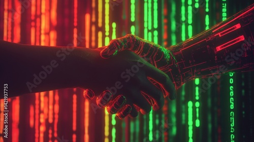 A human hand and a robotic hand shake against a backdrop of red and green digital code. Dark, futuristic, technological theme.