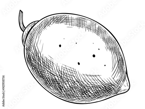 Vintage vector illustration of a whole lemon in black and white line style with crosshatching. Linear drawing of Citrus Fruit for retro food packaging or eco labels. Art of Lime painted by black inks.