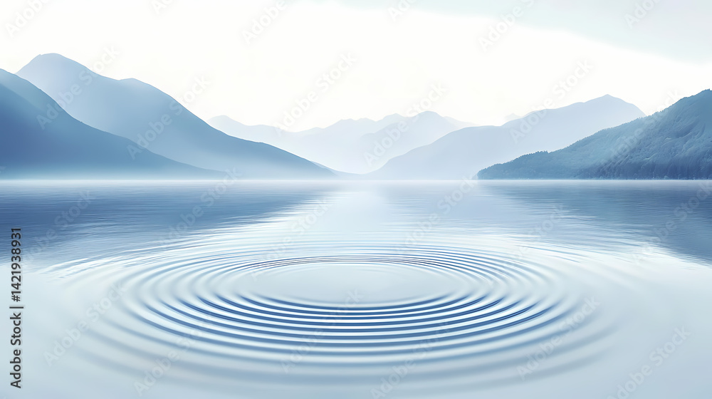 Serene lake landscape with mountains in the distance and distinctive wake of ripples in blue and white tones. minimalistic, calming. Faded Ripples. Illustration