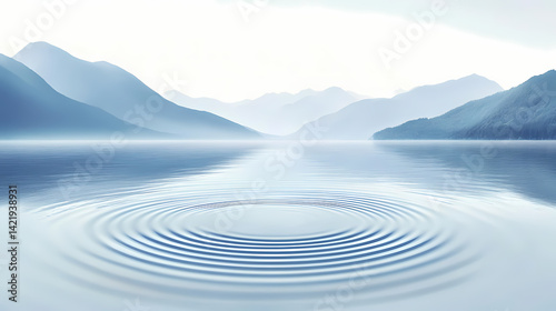 Obraz na płótnie Serene lake landscape with mountains in the distance and distinctive wake of ripples in blue and white tones. minimalistic, calming. Faded Ripples. Illustration w salonie