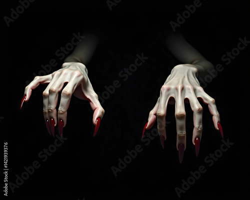  Spooky hands with red nails, black background.
