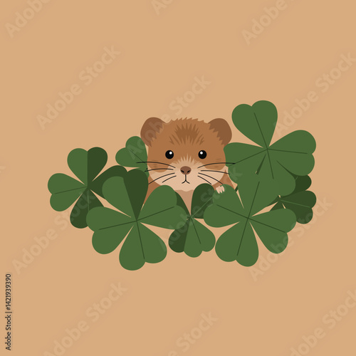 Small brown hamster peeking through green clover leaves on beige background in square format illustration 