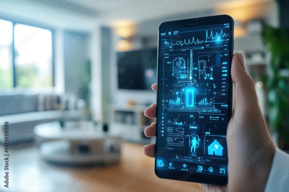 Hand holding a smartphone displaying health metrics in a modern living room setting Hand holding a smartphone displaying health metrics in a modern living room setting