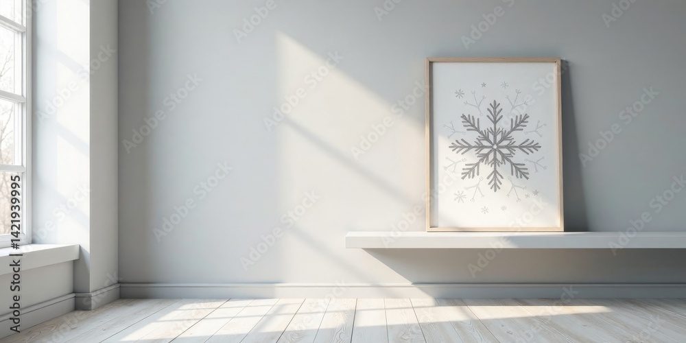 Fototapeta premium Minimalist Winter Scene A Framed Snowflake Design on a Floating Shelf in a Sunlit Room