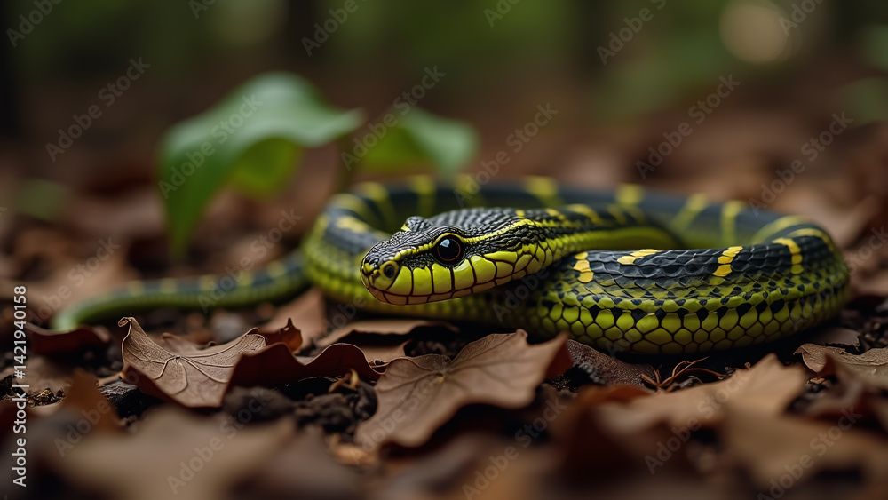 Obraz premium Coiled Snake with Yellow and Black Scales on Forest Floor