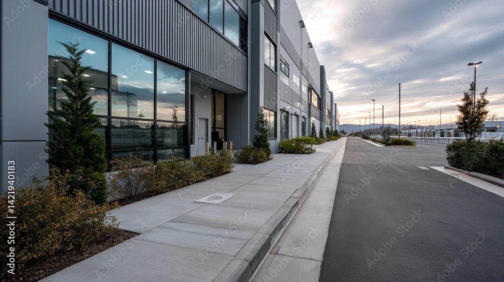 Modern Gray Building Exterior with Green Landscaping at Dusk Modern Gray Building Exterior with Green Landscaping at Dusk