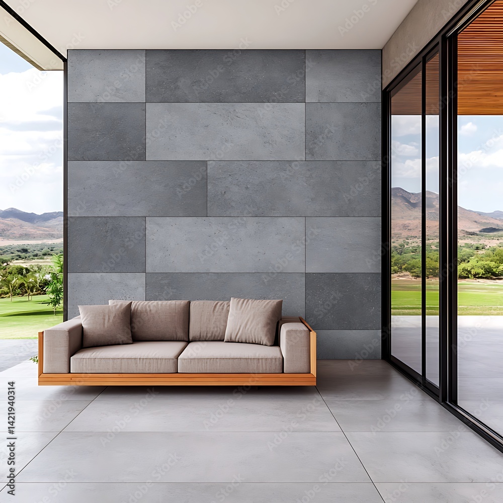 Modern minimalist patio design with comfortable sofa seating overlooking scenic landscape, grey wall and outdoor views.