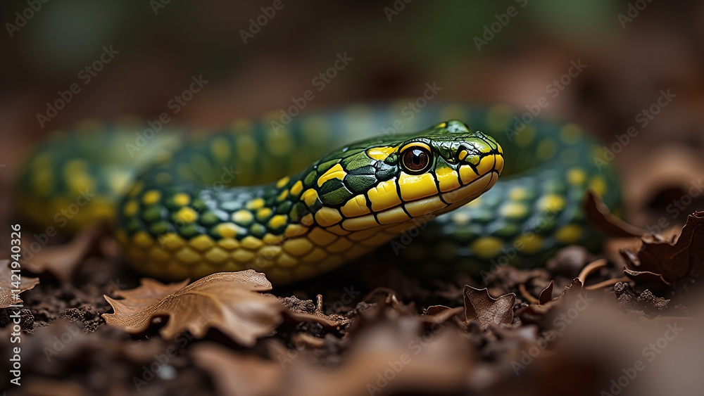 Fototapeta premium Green and Yellow Snake Coiled on Ground