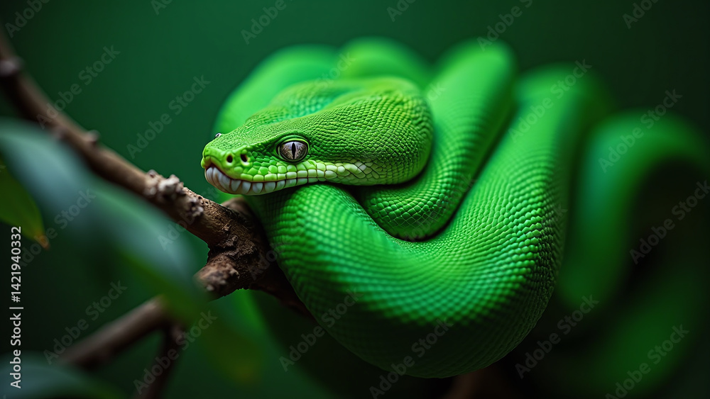 Fototapeta premium Green Snake Coiled on Branch