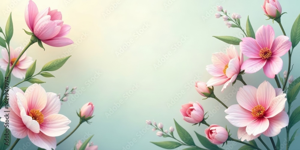 Naklejka premium Delicate Pink Cosmos Flowers Blossom on a Soft, Pastel Background, Creating a Serene and Elegant Floral Arrangement Perfect for Invitations or Greetings