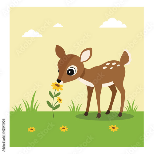 Young deer smelling yellow flowers in green grass under a light blue sky with clouds in a simple landscape illustration 