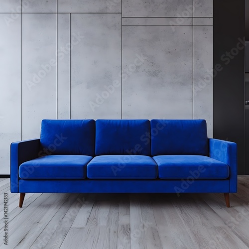 Modern Room Interior: Three-Seater Blue Sofa with Grey Textured Wall and Wooden Floor for Contemporary Living Space.