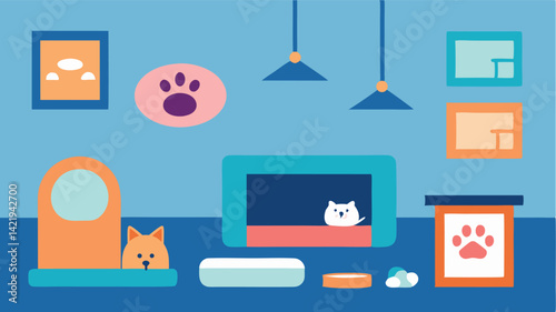 pet room with beds toys and pet portraits