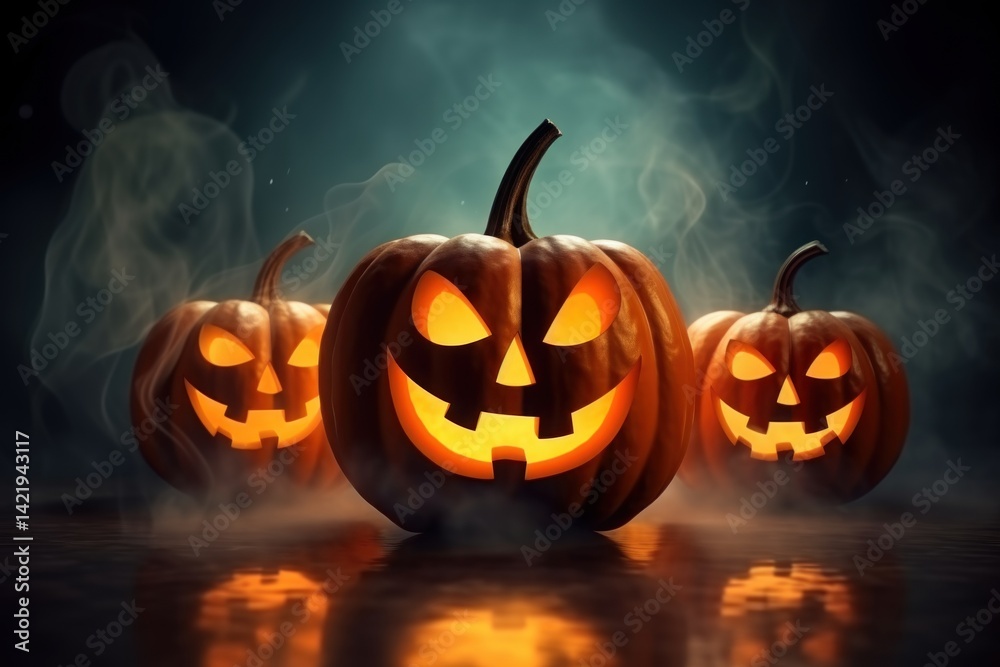 Halloween pumpkin with smoke on wooden background 3d illustration for your design. Halloween Postcard. Halloween Concept. Halloween Jack-o'-lantern Greeting Card with copy space Halloween pumpkin with smoke on wooden background 3d illustration for your design. Halloween Postcard. Halloween Concept. Halloween Jack-o'-lantern Greeting Card with copy space