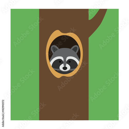 Raccoon peeking from hollow tree trunk with green forest background in square format 