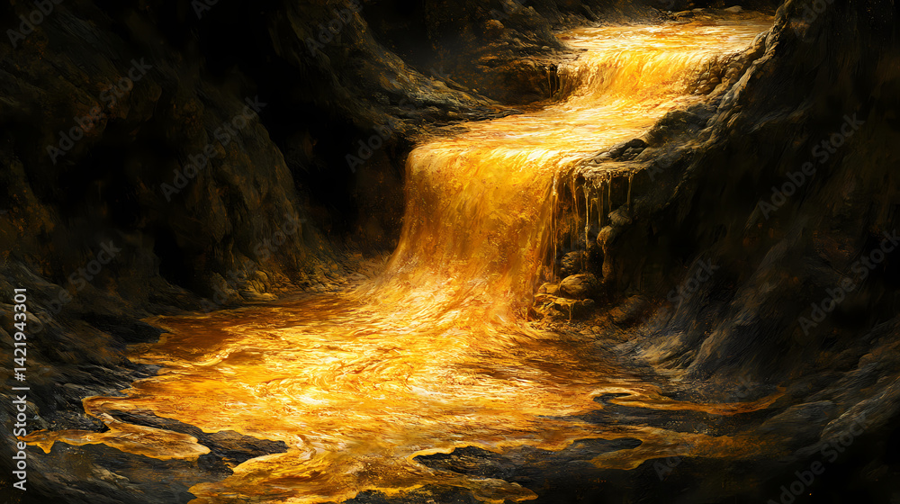 Ethereal gold river with forgotten gods, a flowing stream of molten gold in a dark abyss, ancient deities loom in shadows, evoking a sense of grandeur and foreboding. Ethereal Loom. Illustration