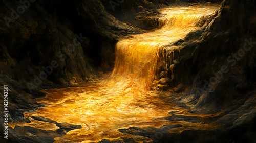 Obraz na płótnie Ethereal gold river with forgotten gods, a flowing stream of molten gold in a dark abyss, ancient deities loom in shadows, evoking a sense of grandeur and foreboding. Ethereal Loom. Illustration w salonie