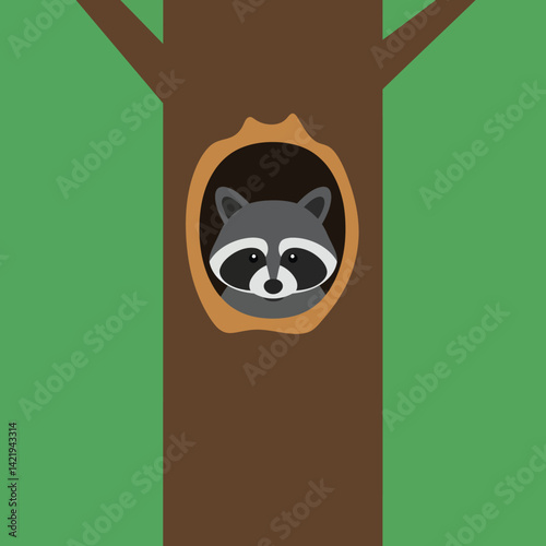 Raccoon peeking from hollow brown tree trunk in green forest environment illustration 
