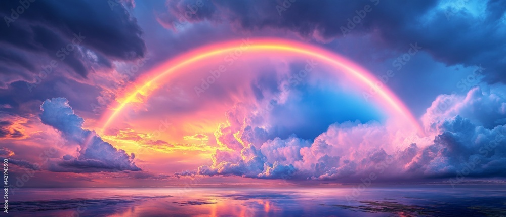 Captivating rainbow shelf cloud with rare arcus formation over serene horizon at sunset Captivating rainbow shelf cloud with rare arcus formation over serene horizon at sunset