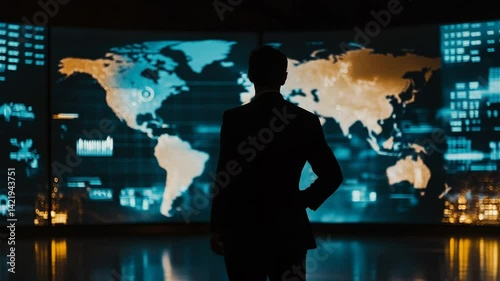 Businessman analyzing world map on digital screens in modern office space