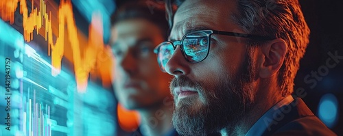 In a world of finance, two professionals gaze intensely at a screen pulsating with vibrant data streams, the reflection of complex charts dancing in their focused eyes Their faces, etched with