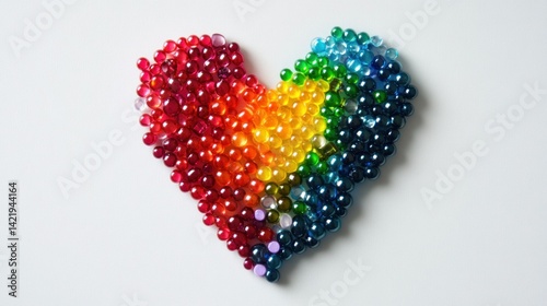 Colorful beads arranged in a heart puzzle on white surface