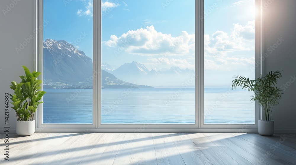 Fototapeta premium Lake and mountains view from window