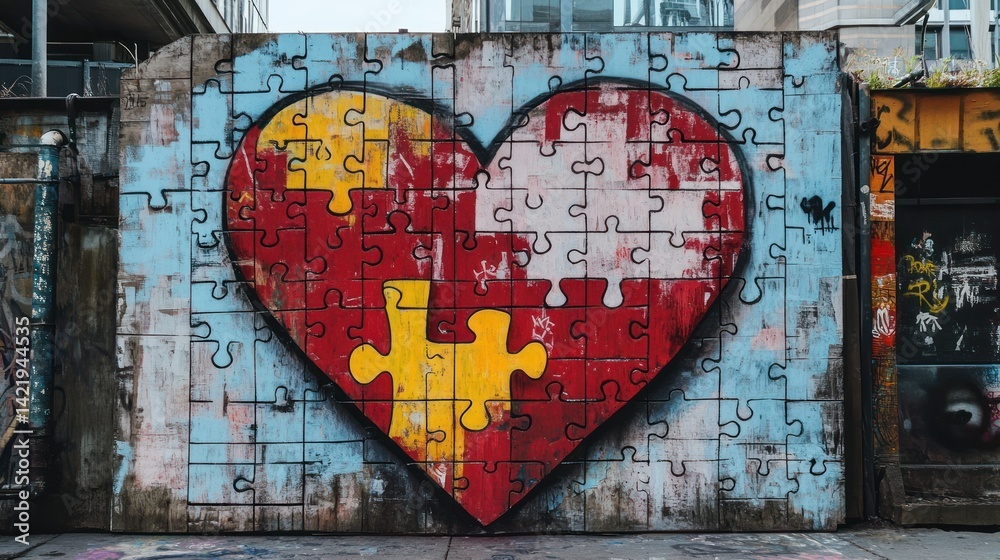 Fototapeta premium Street art with graffiti of a giant heart puzzle and inspiring quote