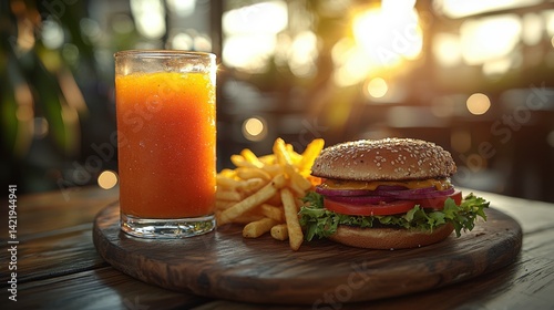 Gourmet Burger Meal with French Fries and Fresh Orange Juice Beverage Presentation Close Up