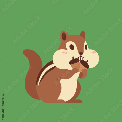 Cartoon chipmunk holding acorns with green background cute forest animal illustration