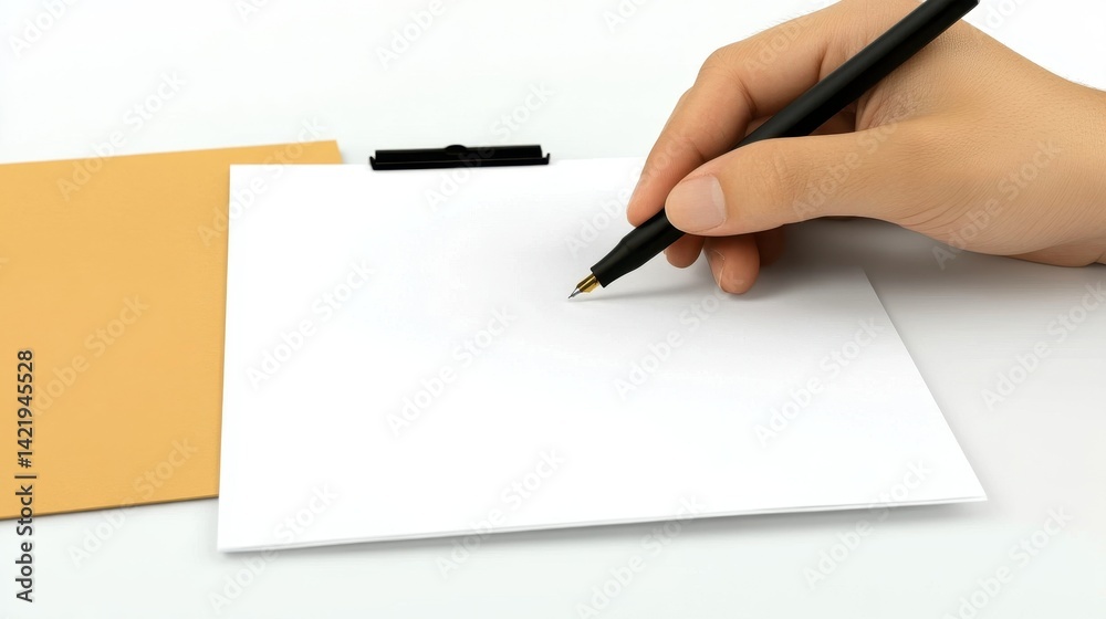 A hand holding a pen poised to write on a blank sheet of paper with an envelope nearby A hand holding a pen poised to write on a blank sheet of paper with an envelope nearby