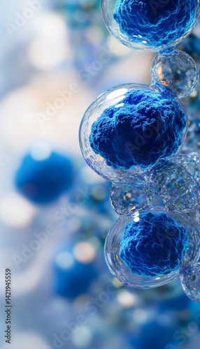 Close up of blue exosome particles in transparent spheres  advanced visualization in biotechnology