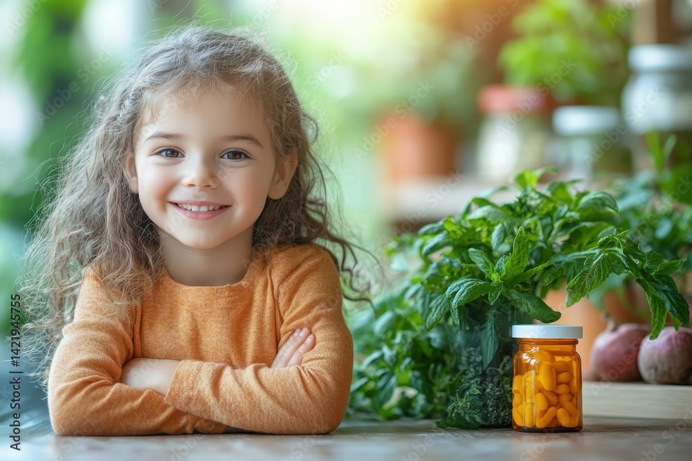 Fototapeta premium Confident young girl smiles at a table with herbs and gummies in a bright kitchen