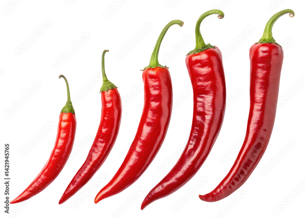 Five red chili peppers arranged in ascending order of size on a black background studio shot Five red chili peppers arranged in ascending order of size on a black background studio shot