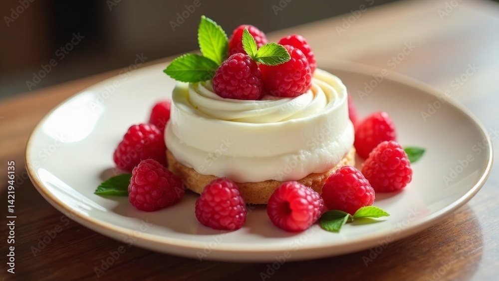 Creamy Dessert Delight with Fresh Raspberries and Mint Garnish on Elegant Plate Creamy Dessert Delight with Fresh Raspberries and Mint Garnish on Elegant Plate