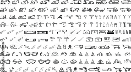 Construction Line Icons Silhouette vector illustration. Vehicles, Tools, Safety Equipment & Architecture Symbols Set