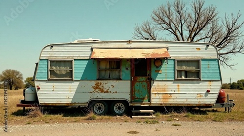 Rustic Vintage Trailer Parked in a Sunny Field Near a Leafless Tree