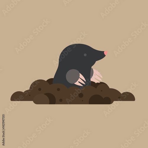 Mole emerging from soil in simple flat design with brown background and pink nose natural wildlife illustration 